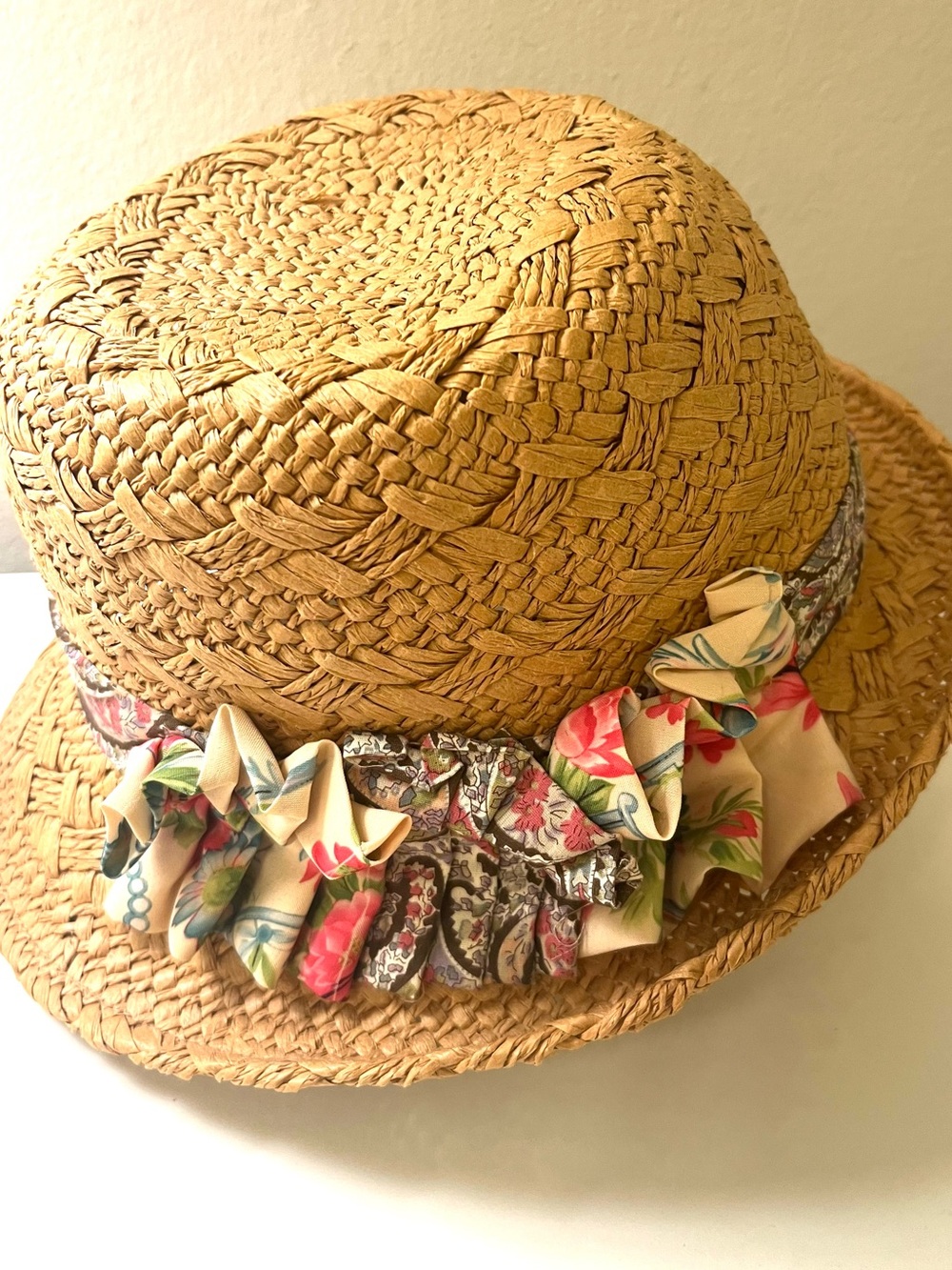 Woven Raffia Straw Bucket Hat Floral Ruffle Trim